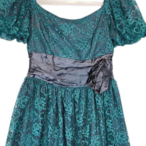 Vintage 80’s Paragon Teal Lace Formal Prom Midi Dress Gray Lining Waist Rosette - Picture 4 of 10